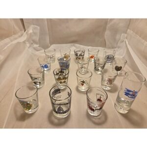 18 Vintage Shot Glasses Cities States Souvenir Collection